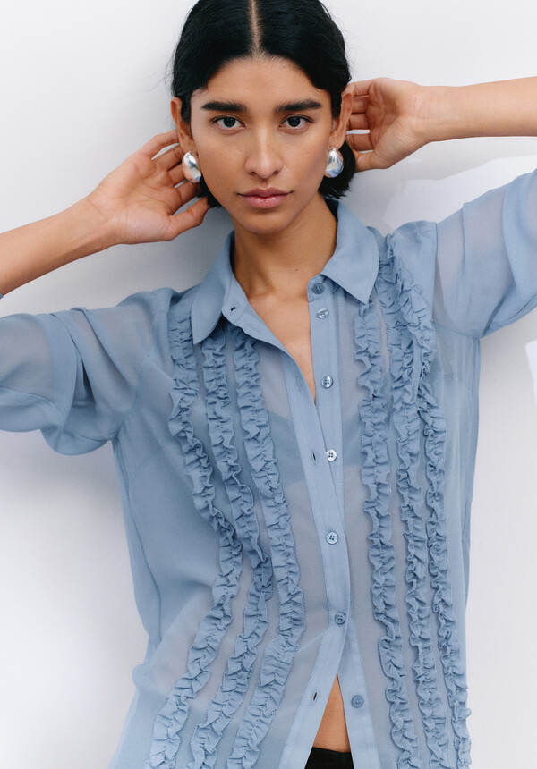 Long Sleeve Ruffle Sheer Shirt